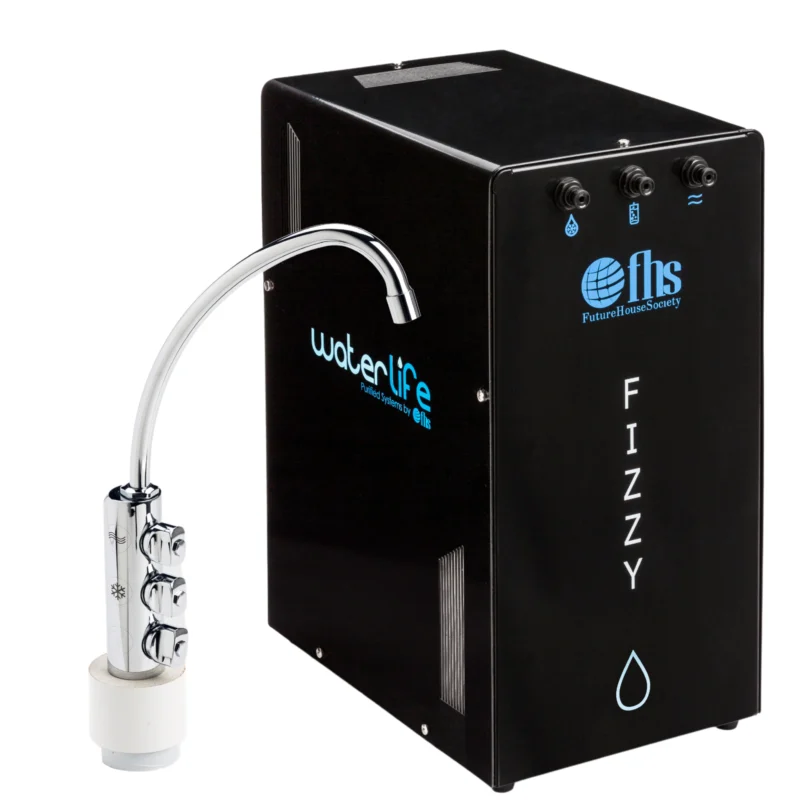 Depuratore Fizzy per acqua fredda e frizzante: unità nera con rubinetto cromato a tre leve